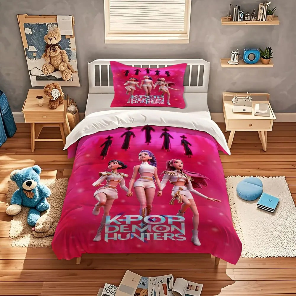 K-POP Demon Hunters Pink Themed Anime Girl Group Bedding Set