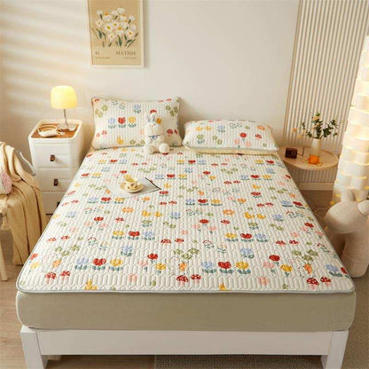 2025 Summer Flower Print Cool Sleeping Pad+Pillowcase Set (1Latex Mattress+1/2 Pillowcase) For Bedrooms And Guest Rooms Foldable