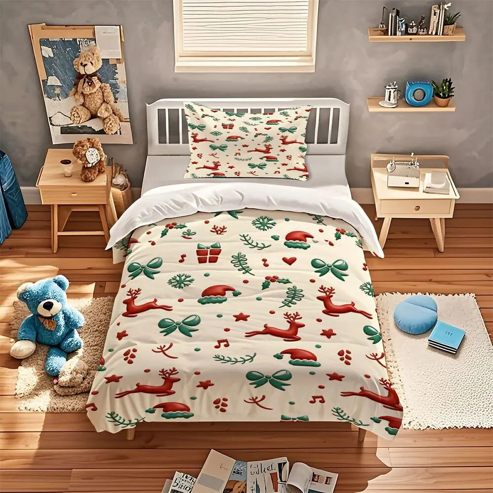 3D Christmas Reindeer Bow Christmas Gift Duvet Cover Set Kids Bedding Set