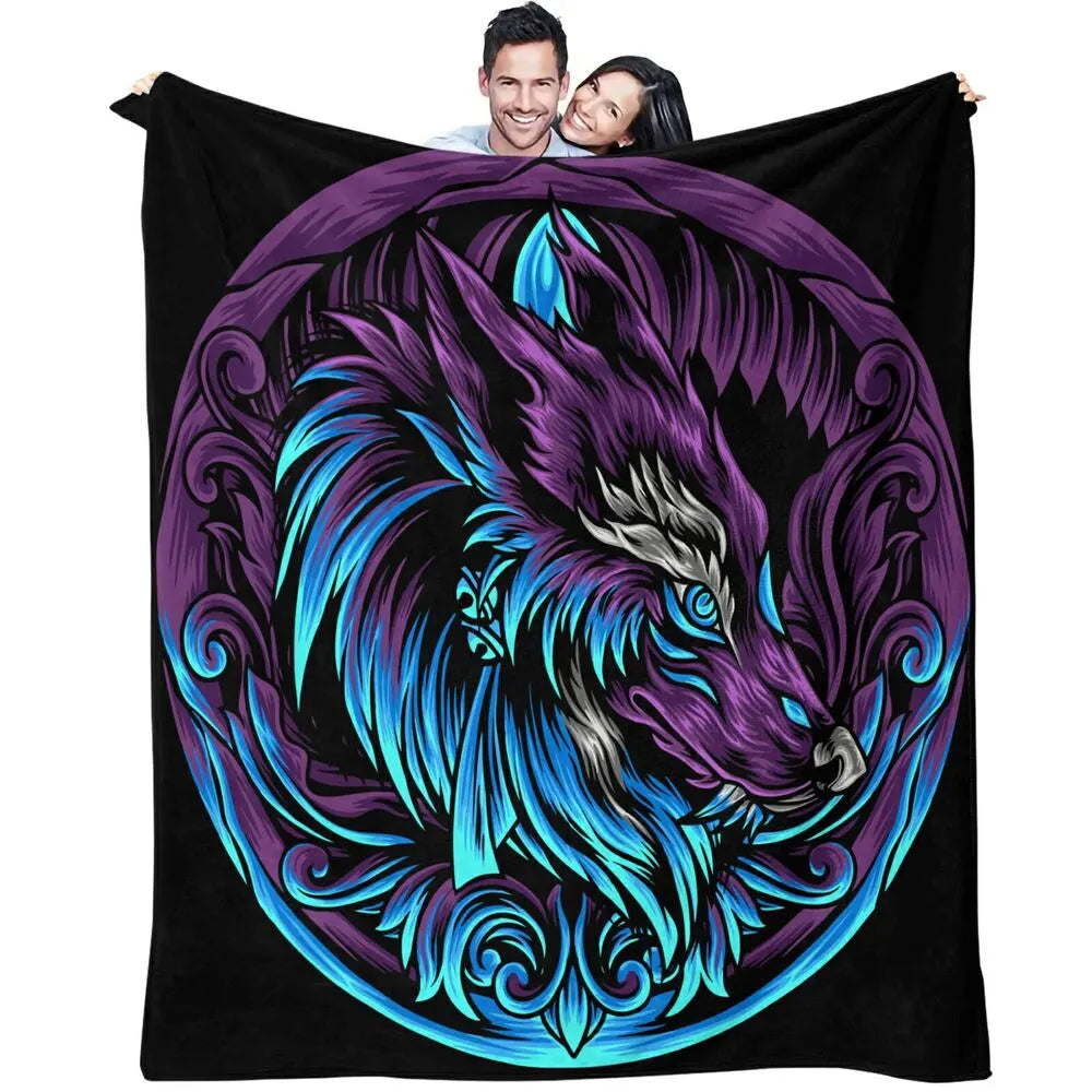 Artistic Purple and Blue Wolf Pattern Multipurpose Throw Blanket