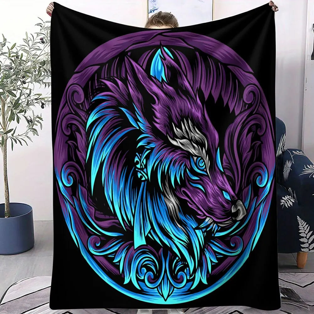 Artistic Purple and Blue Wolf Pattern Multipurpose Throw Blanket