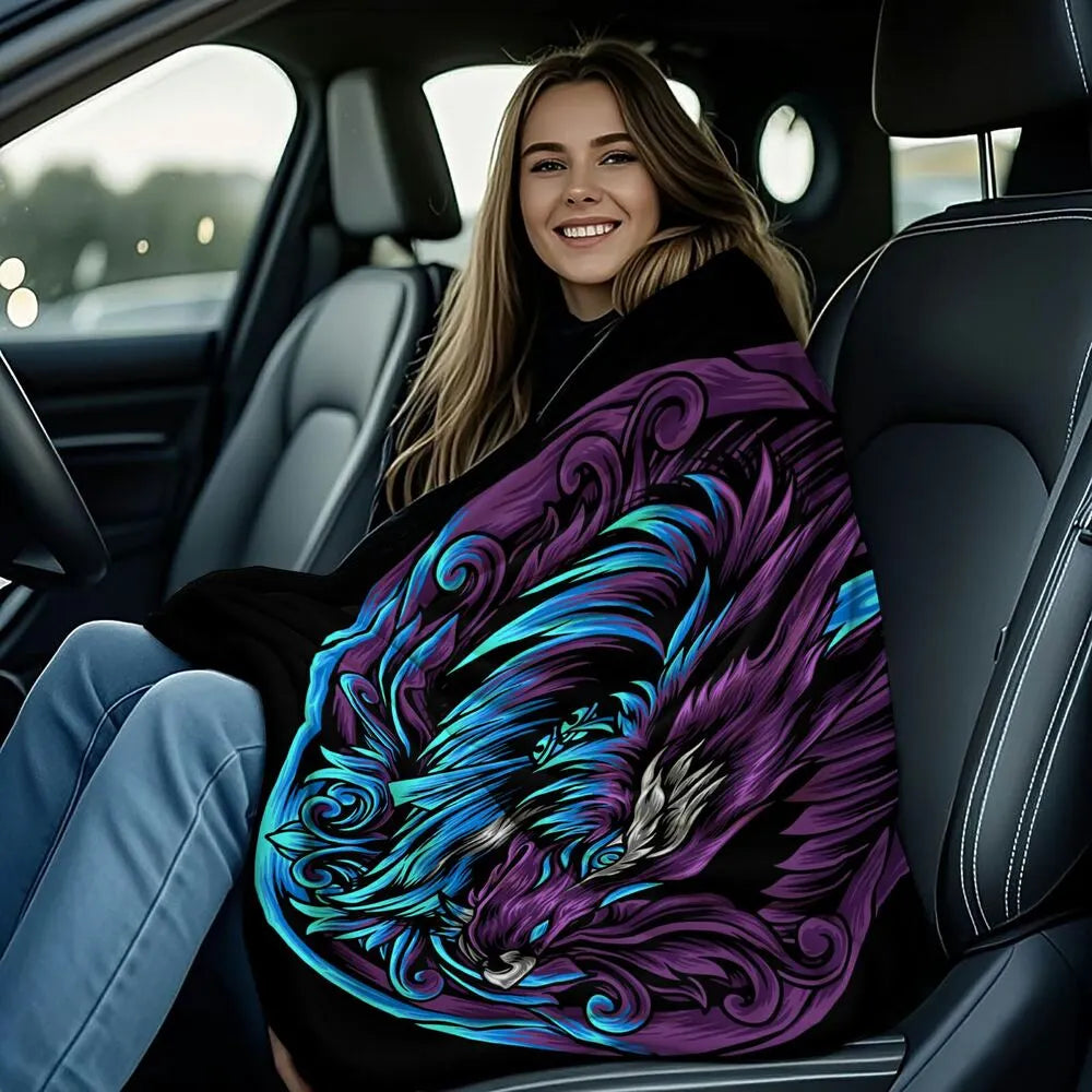 Artistic Purple and Blue Wolf Pattern Multipurpose Throw Blanket