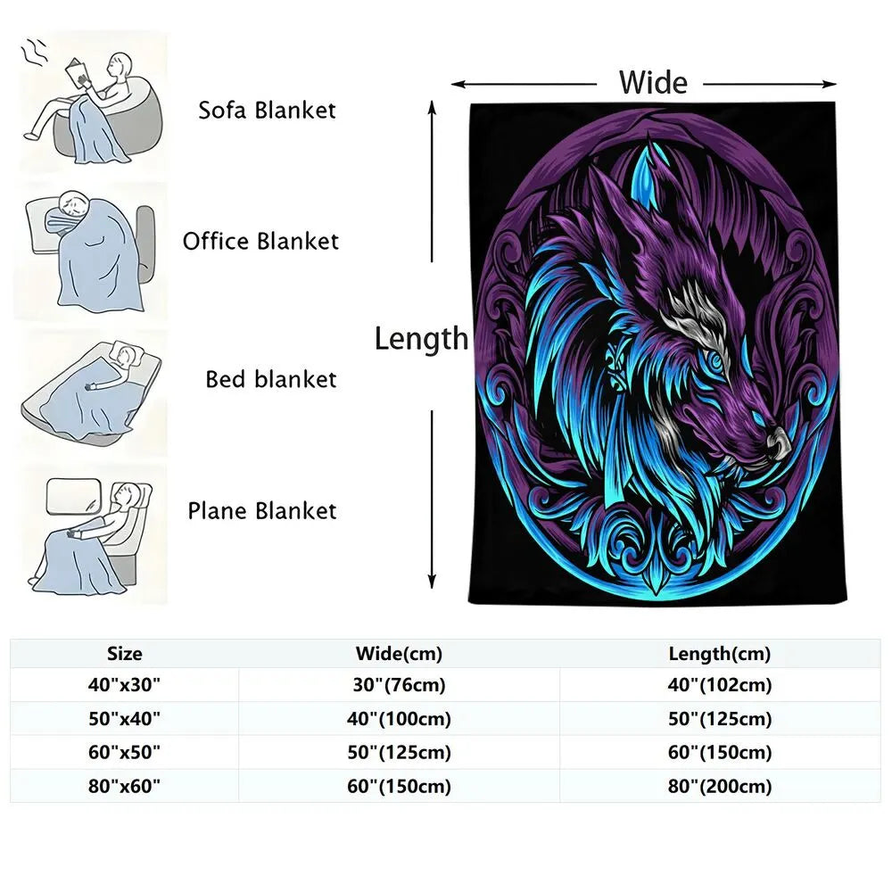Artistic Purple and Blue Wolf Pattern Multipurpose Throw Blanket