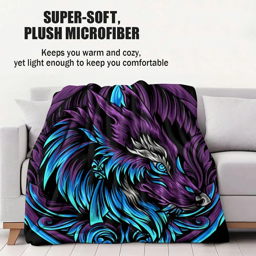 Artistic Purple and Blue Wolf Pattern Multipurpose Throw Blanket