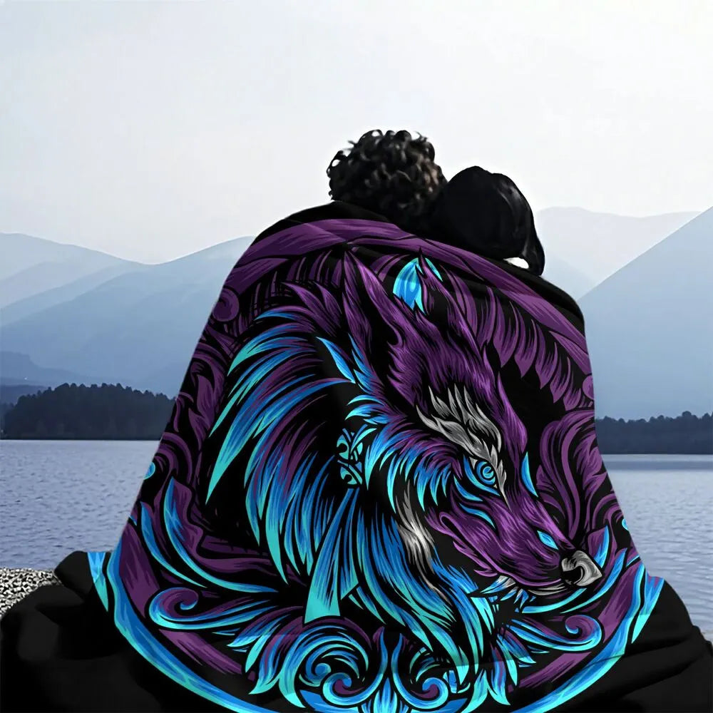 Artistic Purple and Blue Wolf Pattern Multipurpose Throw Blanket