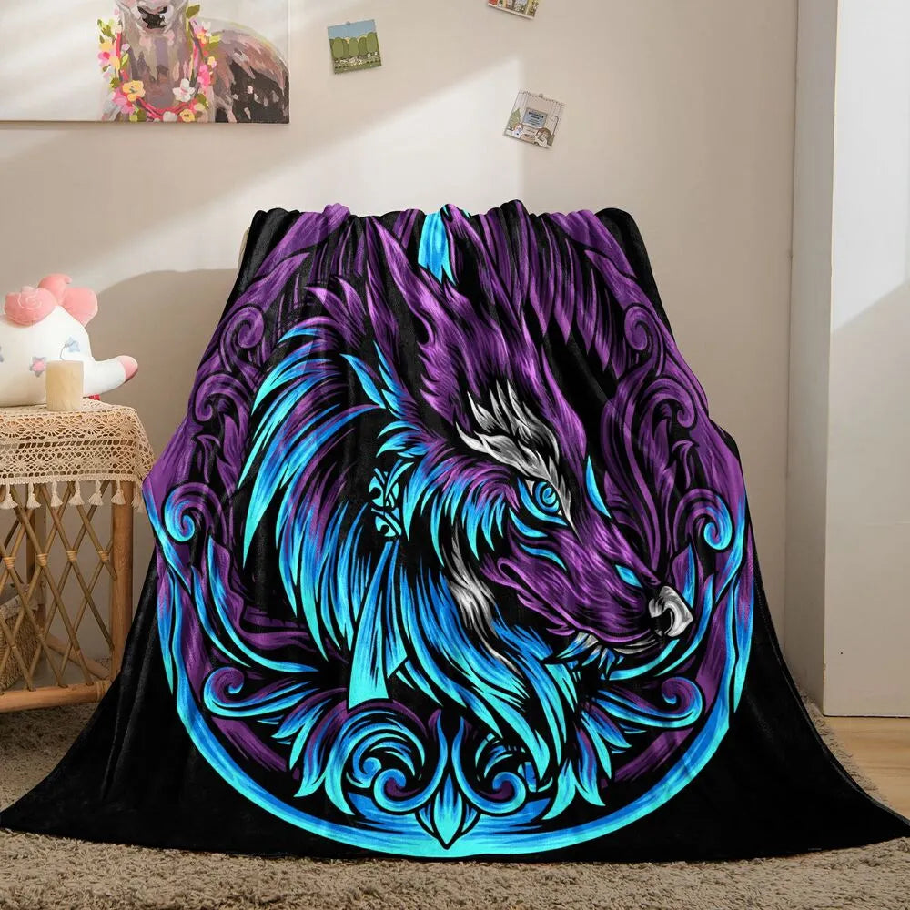 Artistic Purple and Blue Wolf Pattern Multipurpose Throw Blanket