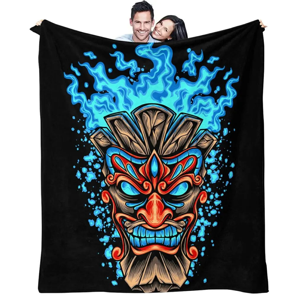 Artistic Tribal Mask with Blue Flames Pattern Multipurpose Throw Blanket