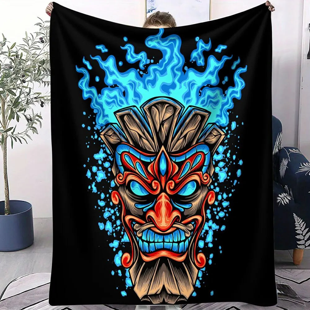 Artistic Tribal Mask with Blue Flames Pattern Multipurpose Throw Blanket