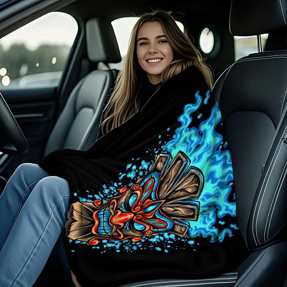 Artistic Tribal Mask with Blue Flames Pattern Multipurpose Throw Blanket