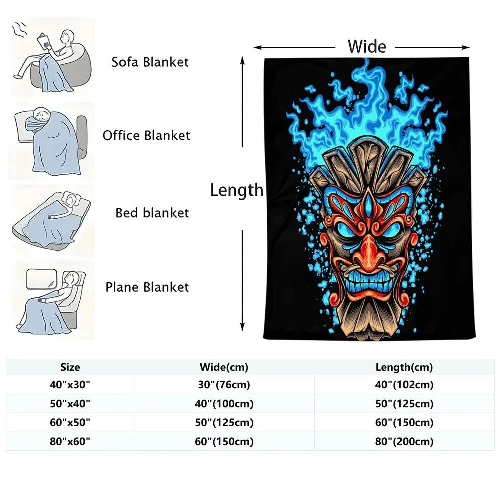 Artistic Tribal Mask with Blue Flames Pattern Multipurpose Throw Blanket