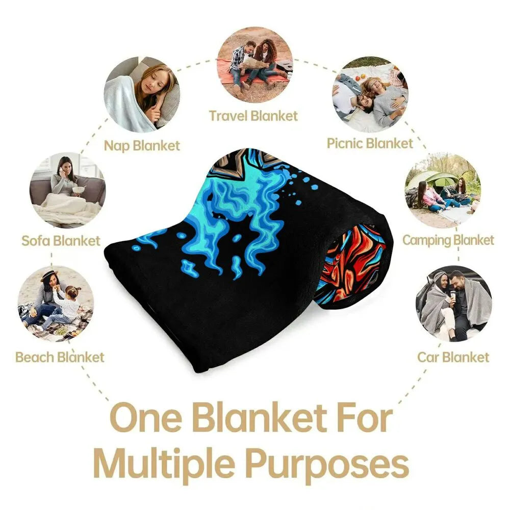 Artistic Tribal Mask with Blue Flames Pattern Multipurpose Throw Blanket