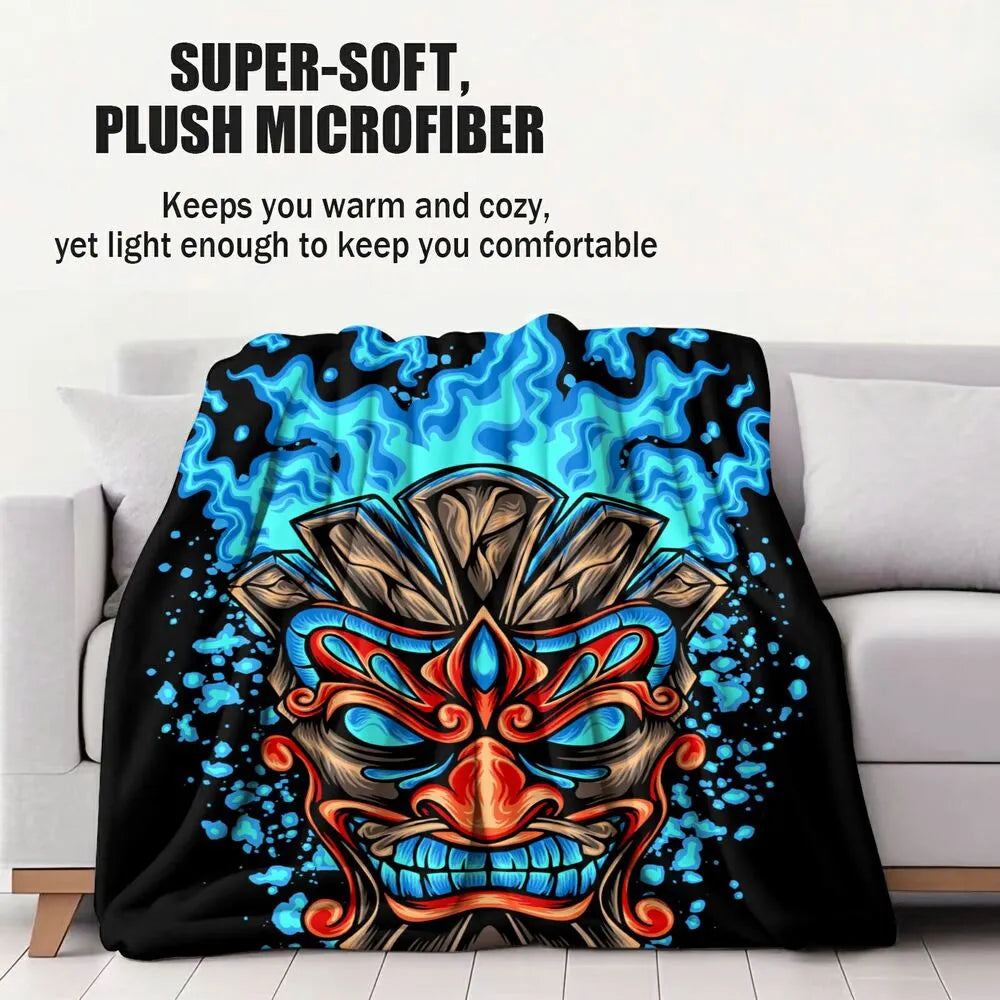 Artistic Tribal Mask with Blue Flames Pattern Multipurpose Throw Blanket