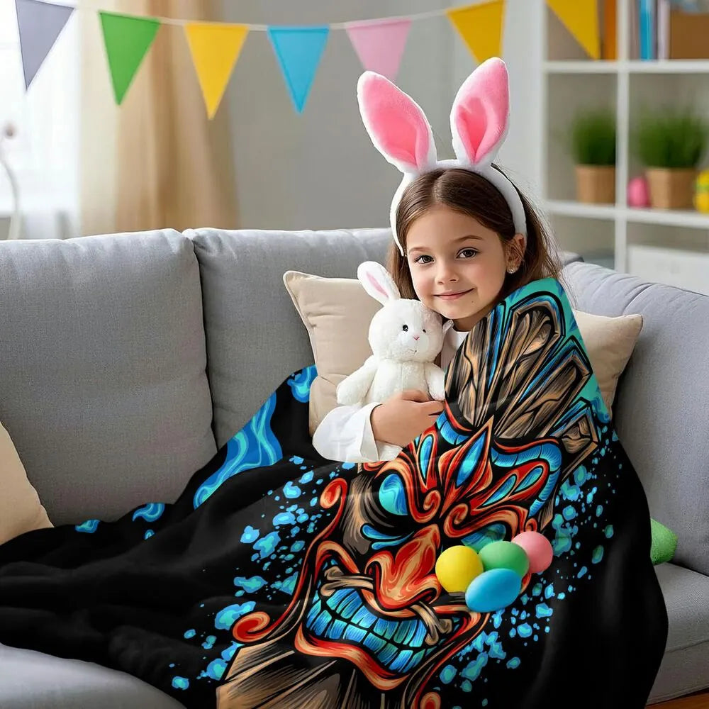 Artistic Tribal Mask with Blue Flames Pattern Multipurpose Throw Blanket