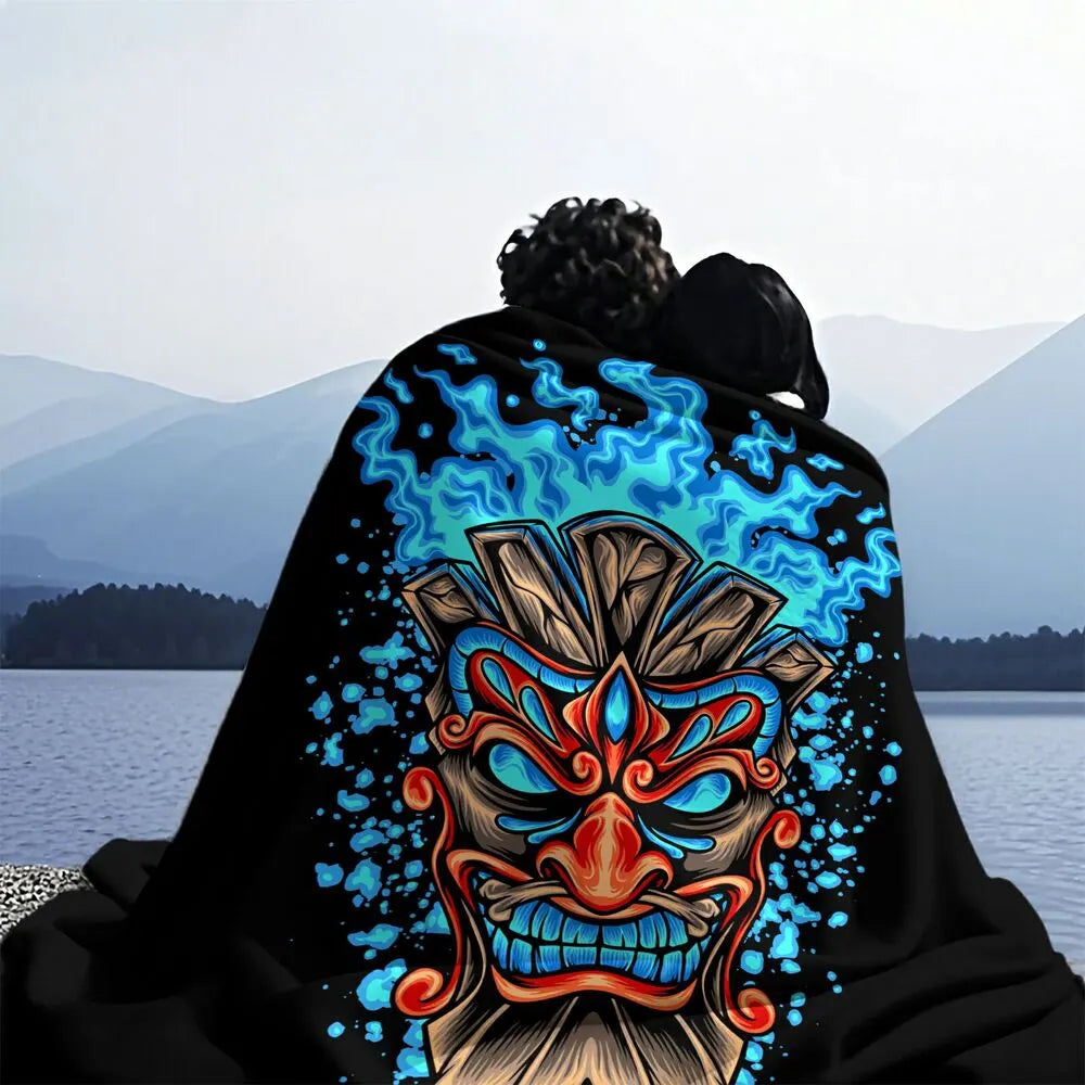 Artistic Tribal Mask with Blue Flames Pattern Multipurpose Throw Blanket