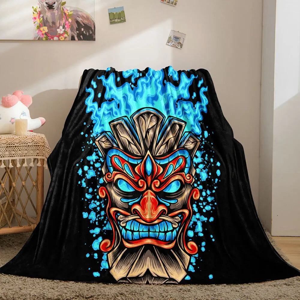 Artistic Tribal Mask with Blue Flames Pattern Multipurpose Throw Blanket