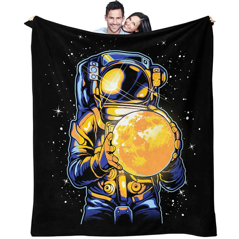 Astronaut Holding Golden Planet Pattern Multipurpose Throw Blanket