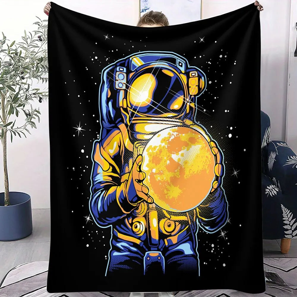 Astronaut Holding Golden Planet Pattern Multipurpose Throw Blanket