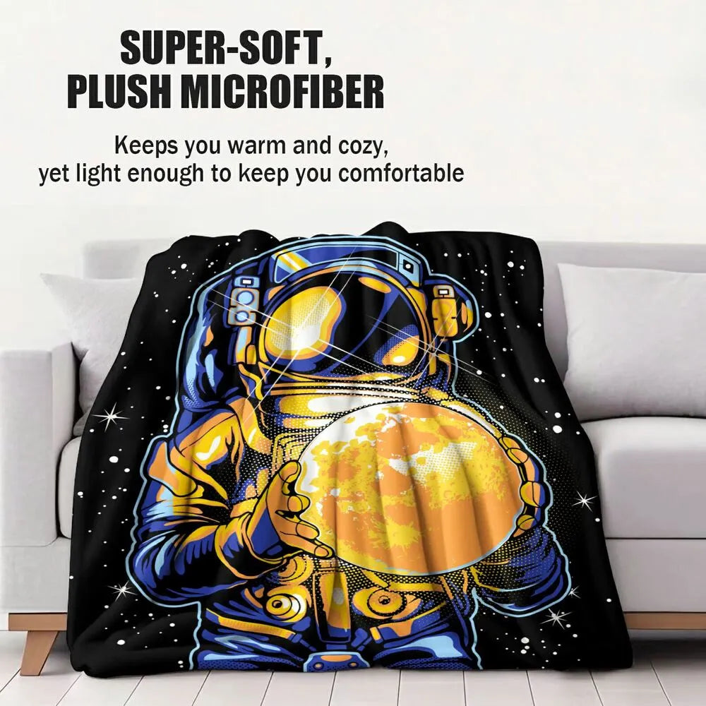 Astronaut Holding Golden Planet Pattern Multipurpose Throw Blanket