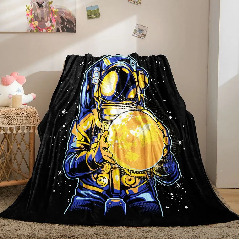 Astronaut Holding Golden Planet Pattern Multipurpose Throw Blanket