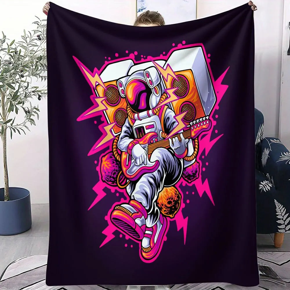 Astronaut Playing Guitar with Speakers Pattern Multipurpose Throw Blanket