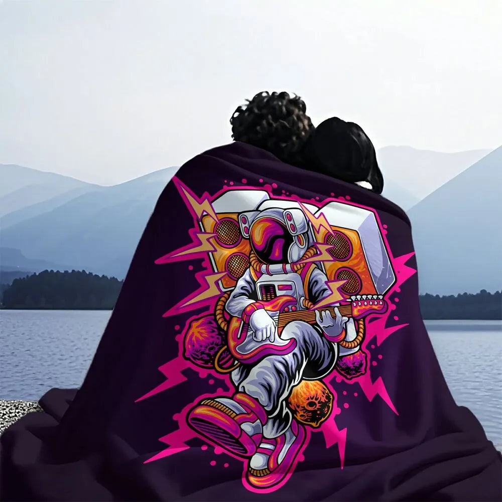 Astronaut Playing Guitar with Speakers Pattern Multipurpose Throw Blanket