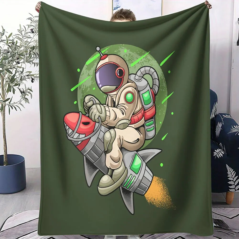Astronaut Riding Rocket Pattern Multipurpose Throw Blanket