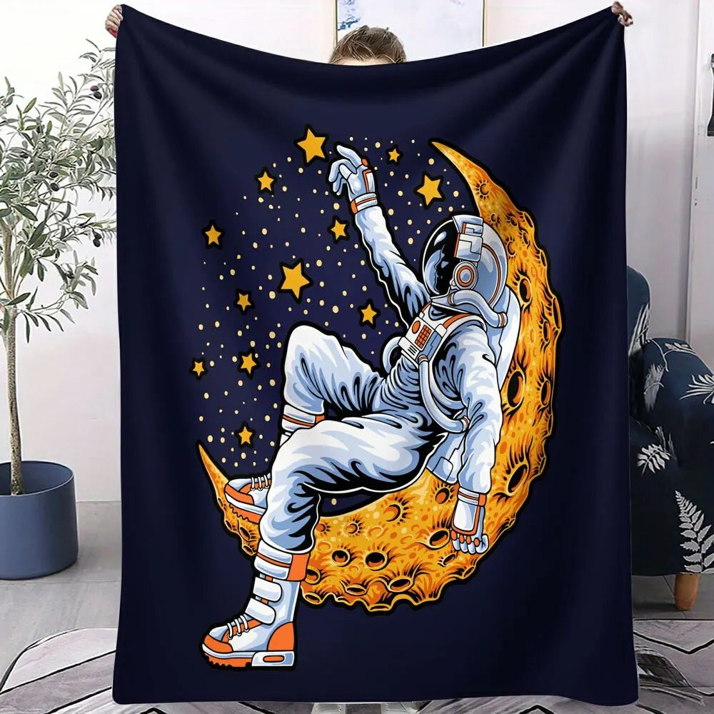 Astronaut Sitting on Moon with Stars Pattern Multipurpose Throw Blanket