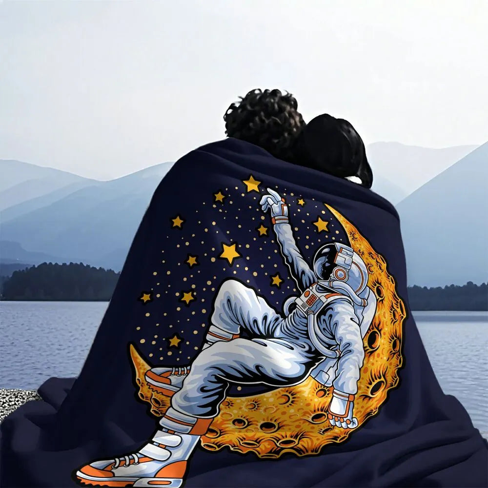 Astronaut Sitting on Moon with Stars Pattern Multipurpose Throw Blanket