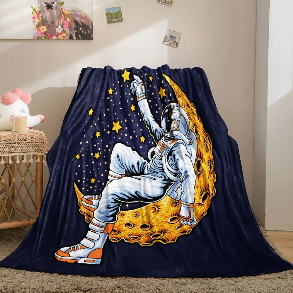 Astronaut Sitting on Moon with Stars Pattern Multipurpose Throw Blanket