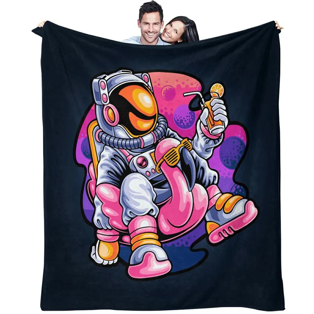 Astronaut with Pink Flamingo Floaty Multipurpose Throw Blanket