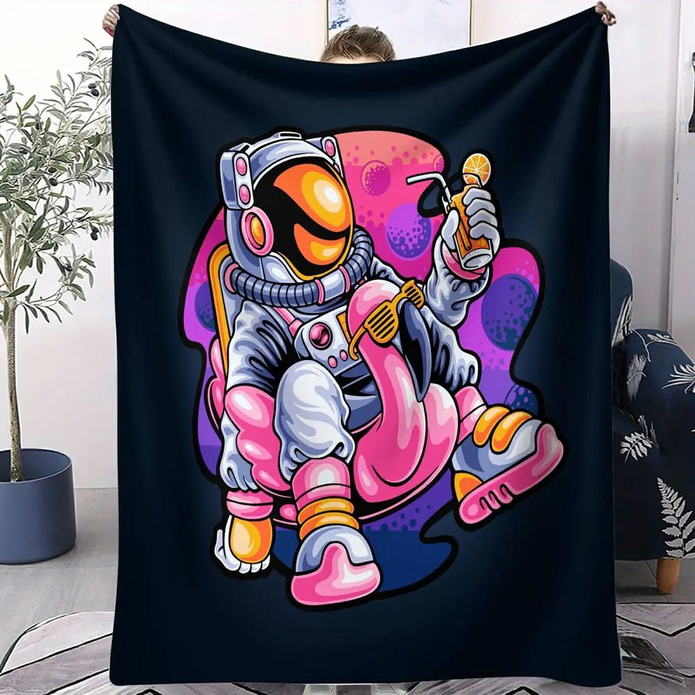 Astronaut with Pink Flamingo Floaty Multipurpose Throw Blanket
