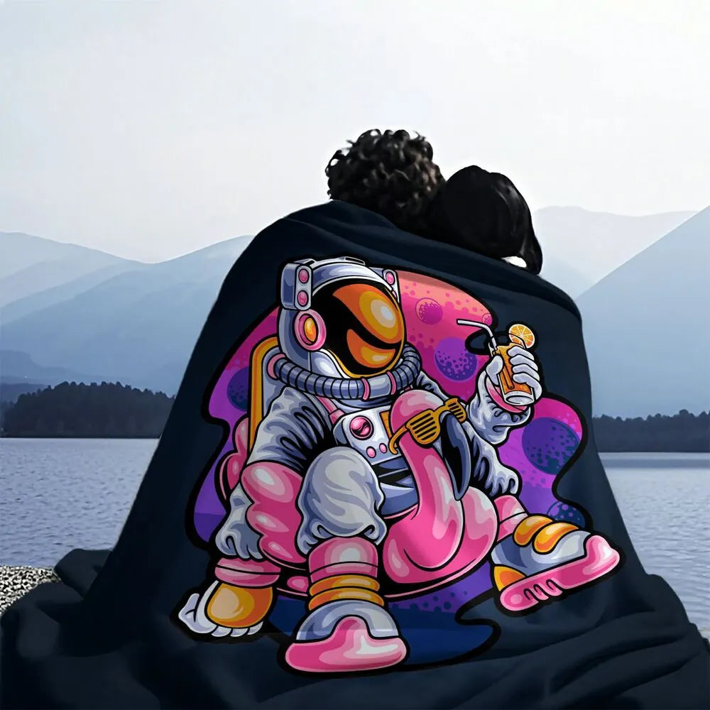 Astronaut with Pink Flamingo Floaty Multipurpose Throw Blanket