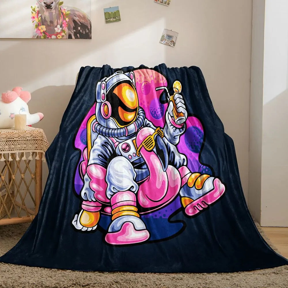 Astronaut with Pink Flamingo Floaty Multipurpose Throw Blanket