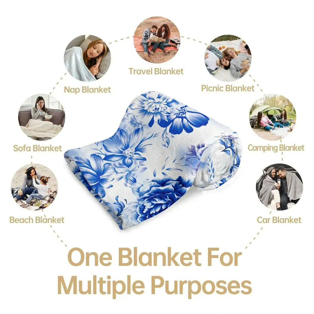 Blue Floral Pattern Multipurpose Throw Blanket