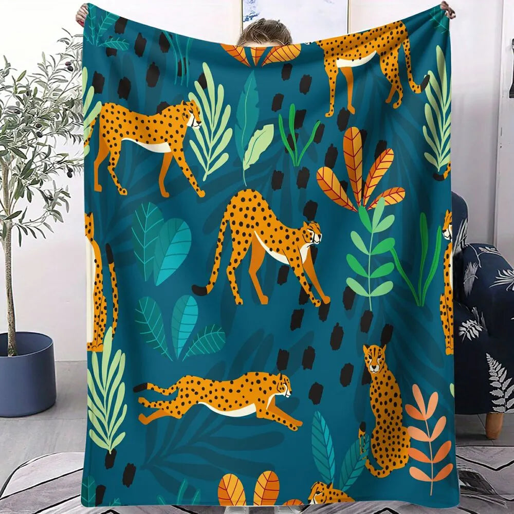 Cheetah and Tropical Foliage Pattern Multipurpose Throw Blanket