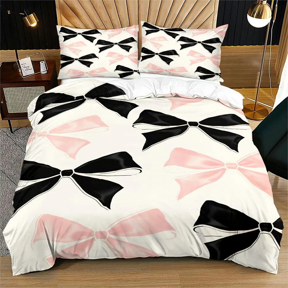 Chic Black And Pink Bows Pattern Duvet Cover Set