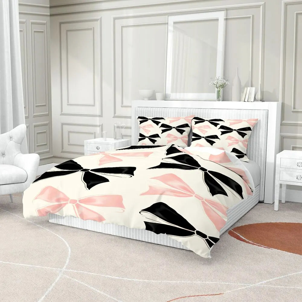Chic Black And Pink Bows Pattern Duvet Cover Set