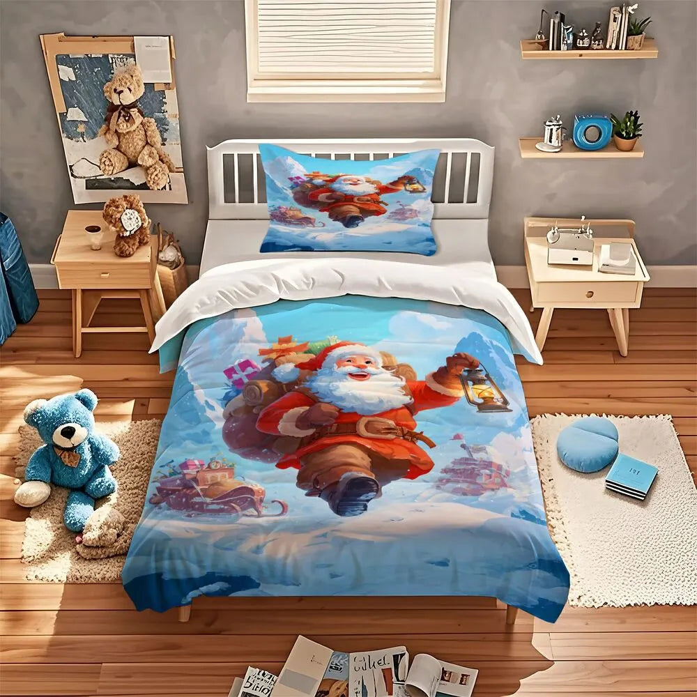 Christmas Advent Santa Lantern Snowy Blue Christmas Gift Duvet Cover Set Kids Bedding Set