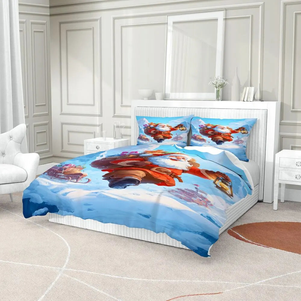 Christmas Advent Santa Lantern Snowy Blue Christmas Gift Duvet Cover Set Kids Bedding Set