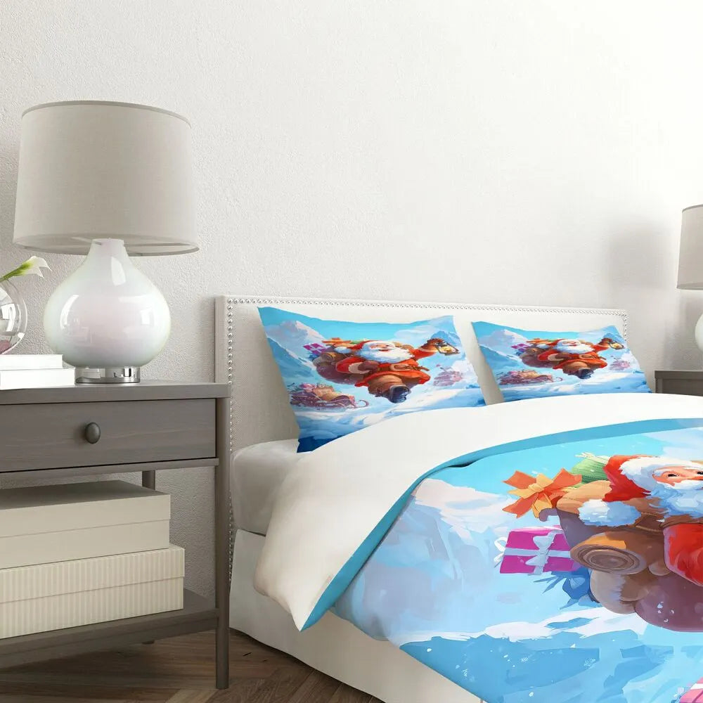 Christmas Advent Santa Lantern Snowy Blue Christmas Gift Duvet Cover Set Kids Bedding Set