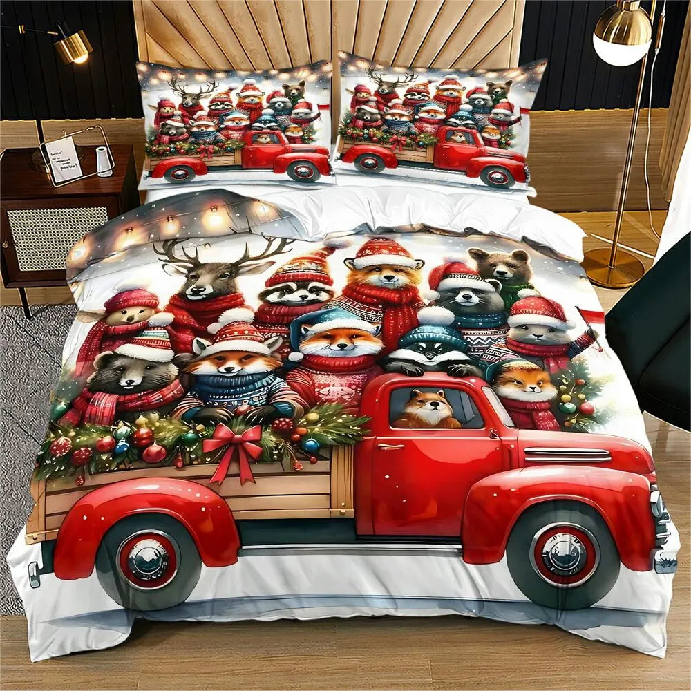 Christmas Animal Crew Red Truck Christmas Gift Duvet Cover Set Kids Bedding Set
