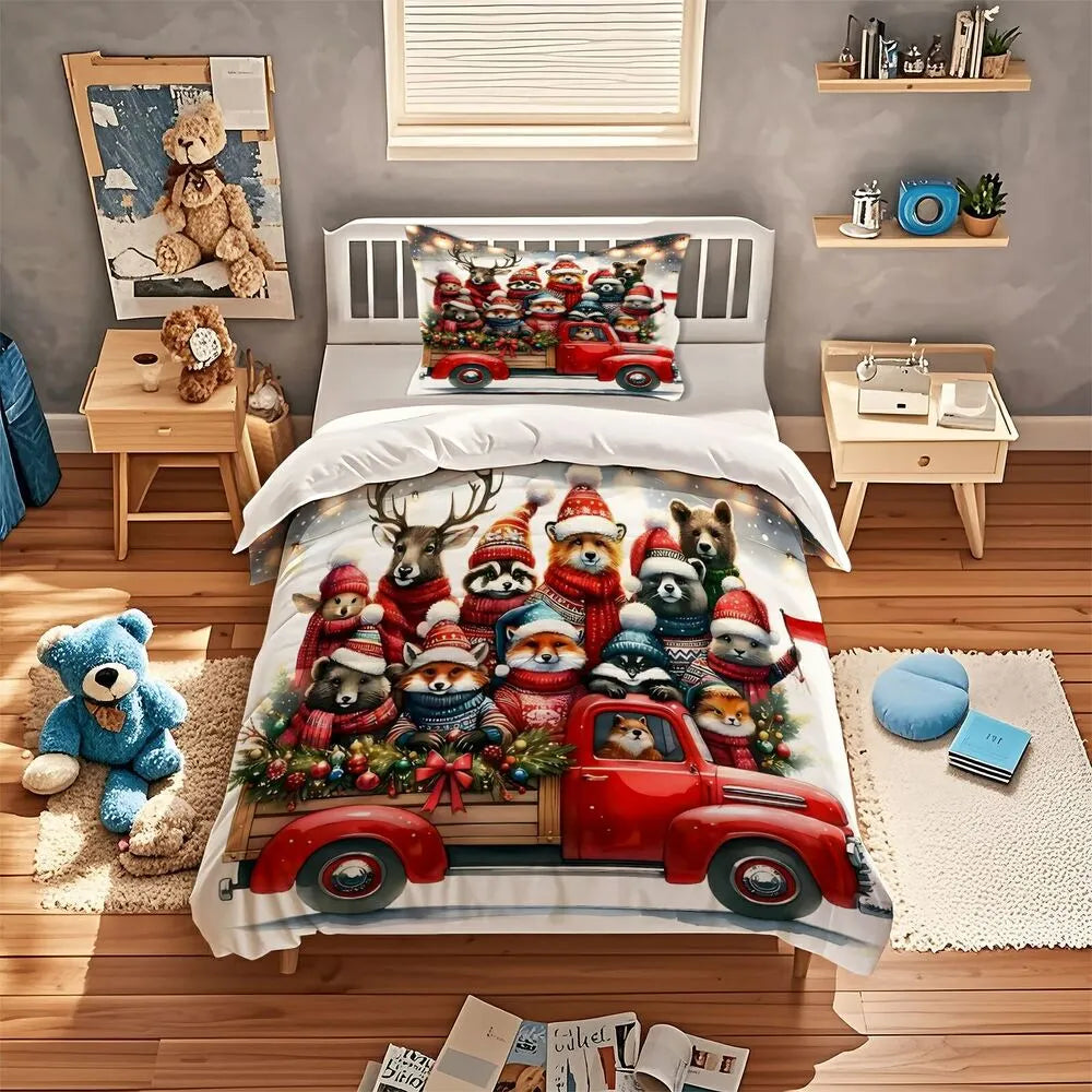 Christmas Animal Crew Red Truck Christmas Gift Duvet Cover Set Kids Bedding Set