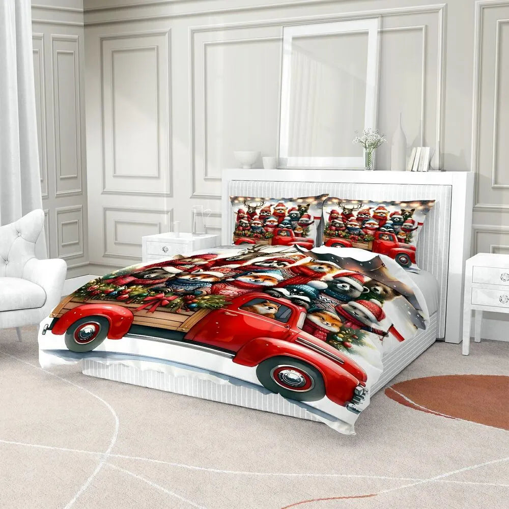 Christmas Animal Crew Red Truck Christmas Gift Duvet Cover Set Kids Bedding Set