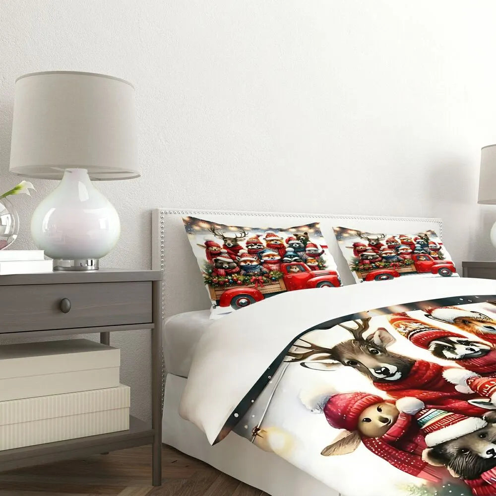 Christmas Animal Crew Red Truck Christmas Gift Duvet Cover Set Kids Bedding Set