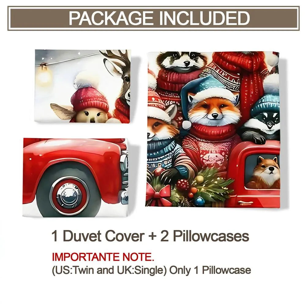 Christmas Animal Crew Red Truck Christmas Gift Duvet Cover Set Kids Bedding Set