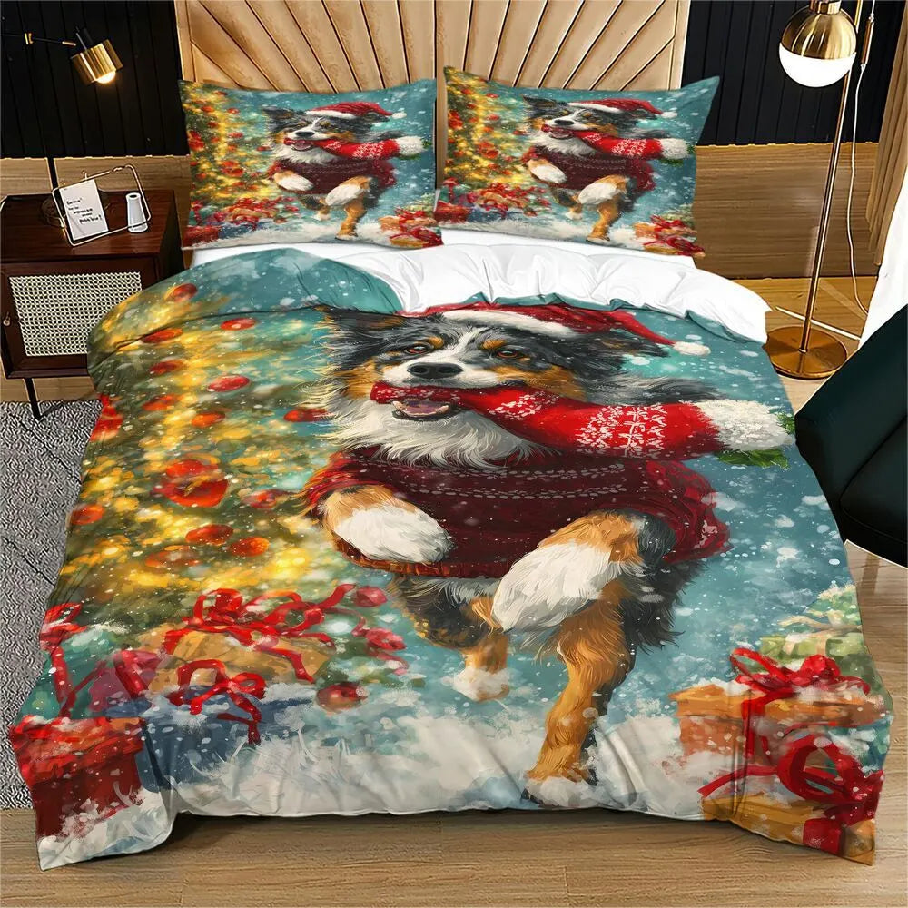 Christmas Aussie Dog Santa Sweater Gifts Blue Christmas Gift Duvet Cover Set Kids Bedding Set