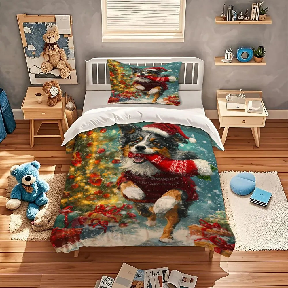 Christmas Aussie Dog Santa Sweater Gifts Blue Christmas Gift Duvet Cover Set Kids Bedding Set
