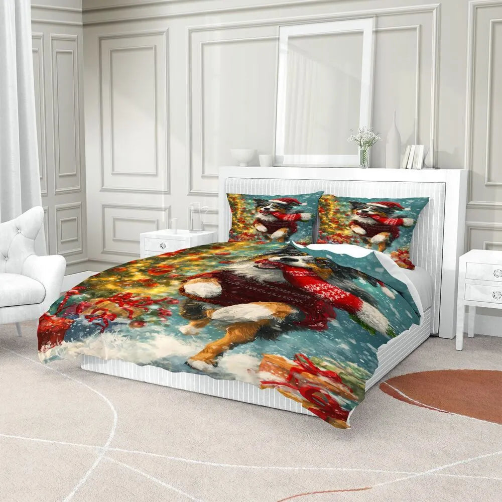 Christmas Aussie Dog Santa Sweater Gifts Blue Christmas Gift Duvet Cover Set Kids Bedding Set