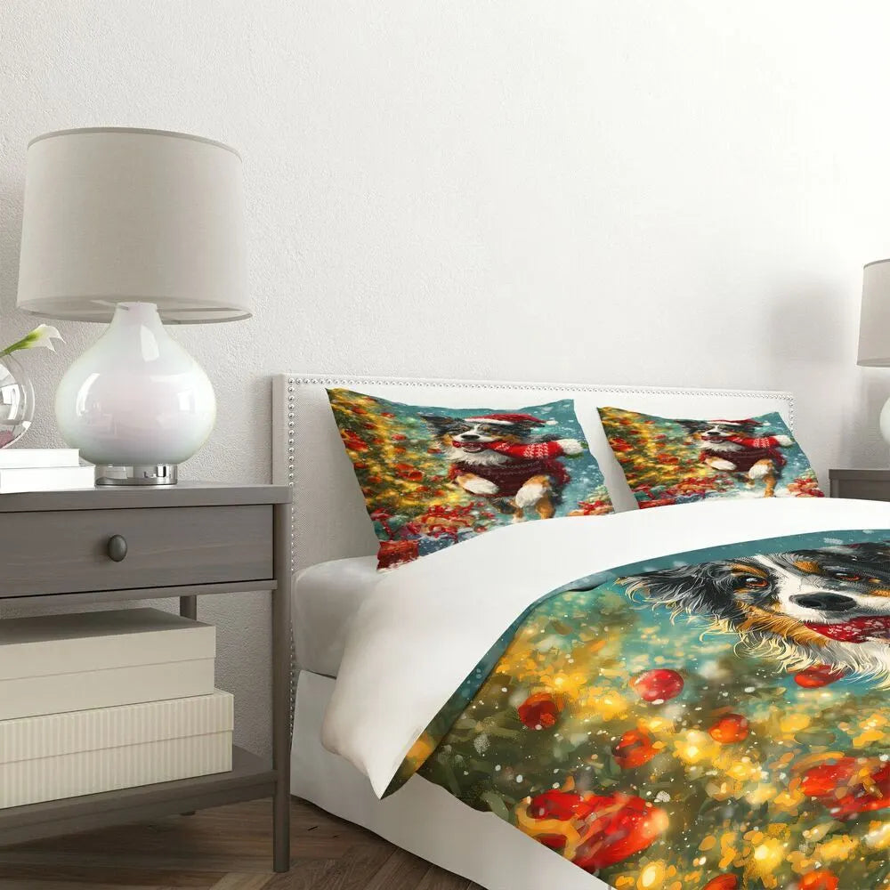 Christmas Aussie Dog Santa Sweater Gifts Blue Christmas Gift Duvet Cover Set Kids Bedding Set