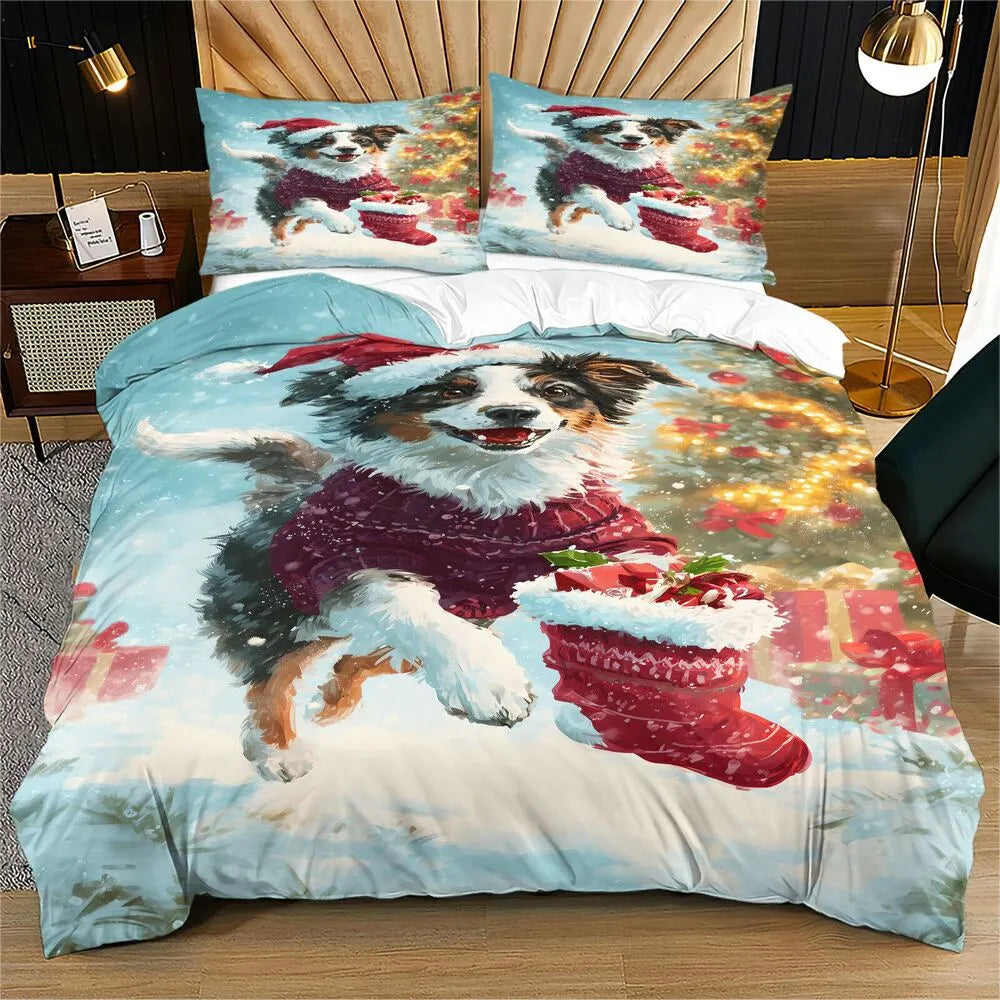Christmas Aussie Dog Santa Sweater Stocking Blue Christmas Gift Duvet Cover Set Kids Bedding Set